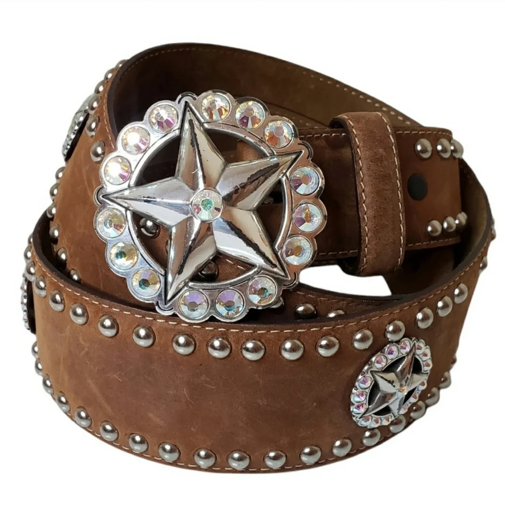 Tony Lama Texas Ranger Star Buckle Leather Western Belt Beaded size 38